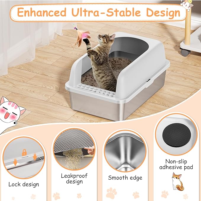 2 Pack Stainless Steel Litter Box, 24'' XL Extra Large Cat Litter Box with Lid, Metal Litter Boxes for Multiple Cats, Anti-Leakage,Non-Stick, Easy to Clean, Included Cat Litter Mat, Scoop-Mewly Pet