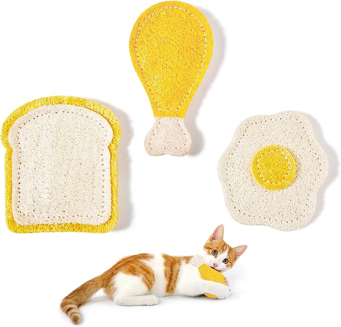Potaroma Loofah Cat Chew Toys with Catnip and Silvervine, 3PCS Interactive Kitten Loofa Dental Teething and Biting Catnip Toys for Cat's Dental Cleaning, 3.2 Inches-Mewly Pet