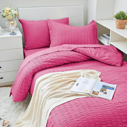 HYMOKEGE Hot Pink Twin XL Comforter Set Seersucker 5 Pieces, All Season Luxury Bed in a Bag for Bedroom, Bedding Set with Comforter, Sheets, Pillowcase & Sham