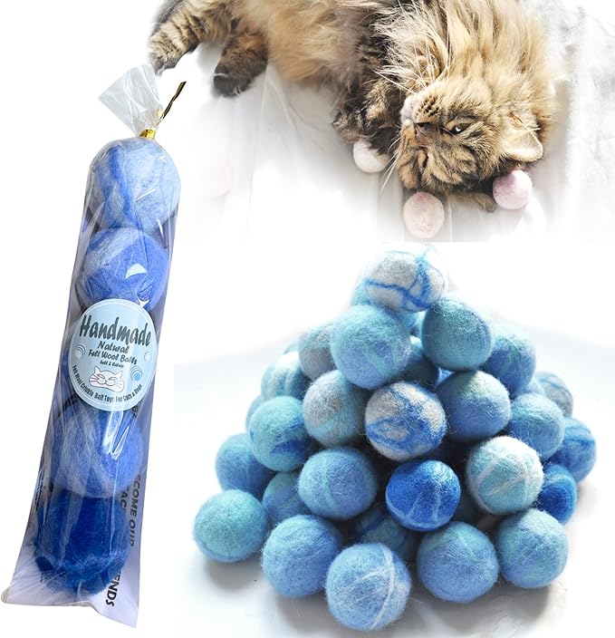 Felt Wool Cat Toys Ball with Catnip and Bell, Natural Handmade (Baby Blue (5 Units))-Mewly Pet