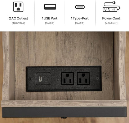 HOOBRO Side Table, Flip End Table with Charging Station and Shelves, USB Ports & Power Outlets, Narrow Nightstand for Small Spaces, Living Room, Stable and Sturdy, Greige and Black BG341BZ01