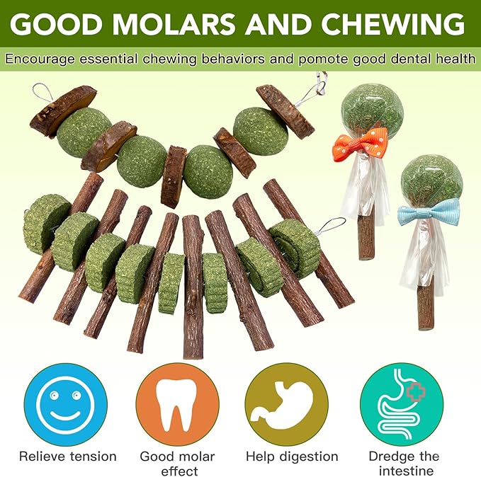 3 Pcs Bunny Chew Toys with 3 Pcs Rabbit Chew Lollipop for Teeth Grinding, Improve Dental Health, Treats for Rabbits Guinea Pigs Chinchillas Bunnies Hamsters-Mewly Pet