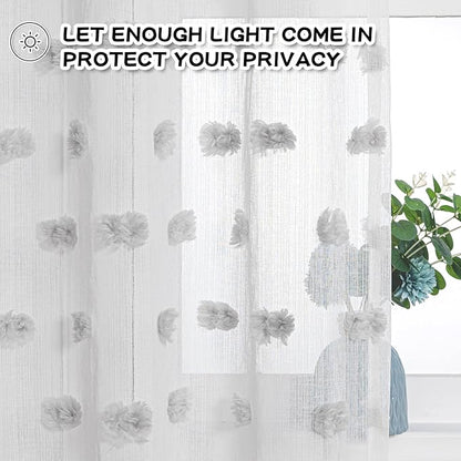 MYSKY HOME Grey Curtains for Bedroom Windows 2 Panels Pom Pom Sheer Curtains 84 Inch Long for Living Room Nursery Kids Room Rod Pocket Boho Farmhouse Dining Room Window Drape 52 x 84 inch