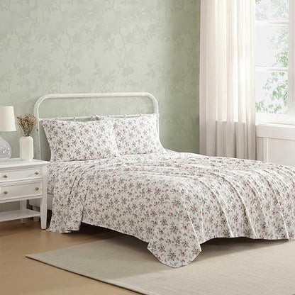 Laura Ashley - Flannel Sheets Twin Size, Anti-Pilling & Wrinkle Resistant Cotton, Touchably Soft for All-Season Comfort - Bed Sheets with Matching Pillowcase & Fitted Sheet (Le Fleur Pink)