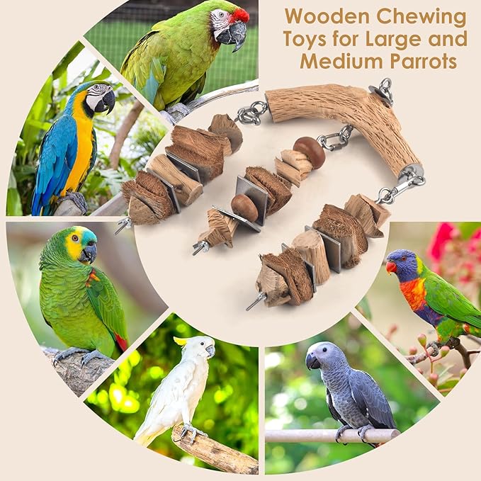 Bird Parrot Toys, Large Birds Wooden Chew Blocks with Stainless Steel Cage Hanging Bite Toy for Macaws, African Greys, Cokatoos, Amazon Parrots and Small Medium Parakeets-Mewly Pet