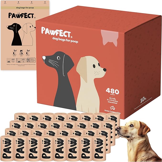 Pawfect Dog Poop Bags Rolls - Biodegradable Doggie Bags, Compostable Dog Waste Bags, BPI Certified Pet Waste Bags, Unscented, Large, Puppy Poo, Earth Friendly, Bolsas de Basura (480 counts)-Mewly Pet