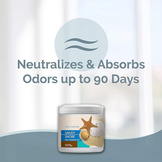 SMELLS BEGONE Air Freshener Odor Absorber Gel - 15 oz, Pack of 2 - Absorbs and Eliminates Odor in Pet Areas, Bathrooms, Cars, & Boats - Made with Essential Oils - Sandy Shore Scent-Mewly Pet