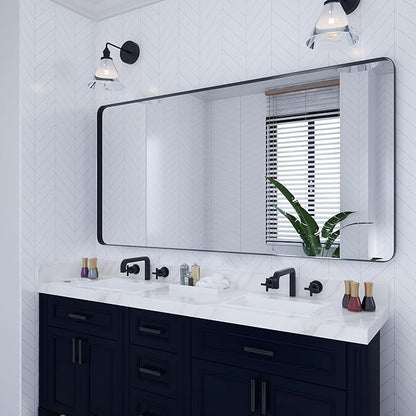 VocalStar Black Metal Framed Bathroom Mirror for Wall, 72 x 36 Inch Large Rounded Rectangle Matte Black Bathroom Vanity Mirror Farmhouse, 1/4-inch Shatterproof Glass | Ultra-Flush Hanging