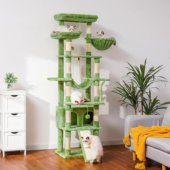Heybly Tall Cat Tree,78 inch Multi-Level Cat Tower for Indoor Cats, 2 Widened Plush Perches Cat Condo with Scratching Board and Big Caves, Green HCT033GR-Mewly Pet