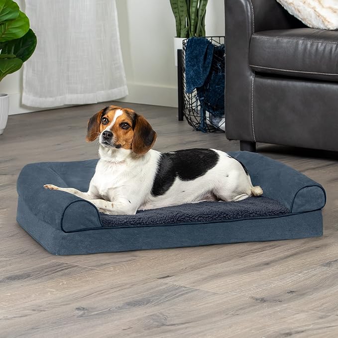 Furhaven Orthopedic Dog Bed for Medium/Small Dogs w/ Removable Bolsters & Washable Cover, For Dogs Up to 35 lbs - Sherpa & Chenille Sofa - Orion Blue, Medium-Mewly Pet