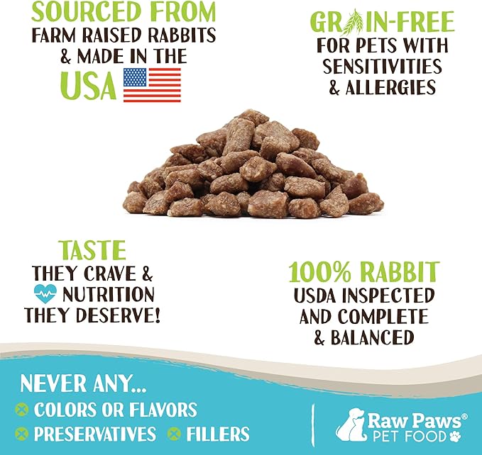 Raw Paws Freeze-Dried Pet Food for Dogs & Cats- Rabbit Recipe, 4-oz - USA Raw Dog Treats for Training - Cat and Dog Treats - 100% Rabbit Meat, No Added Hormones or Antibiotics-Mewly Pet
