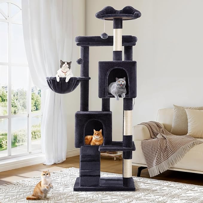 Allewie 64 Inches Cat Tree Tower/Multi-Level Activity Center for Indoor Big Felines/2 Plush Condos/2 Perchs/Basket/House/Sisal Scratching Posts/Hanging Cat Toys/Dark Grey-Mewly Pet