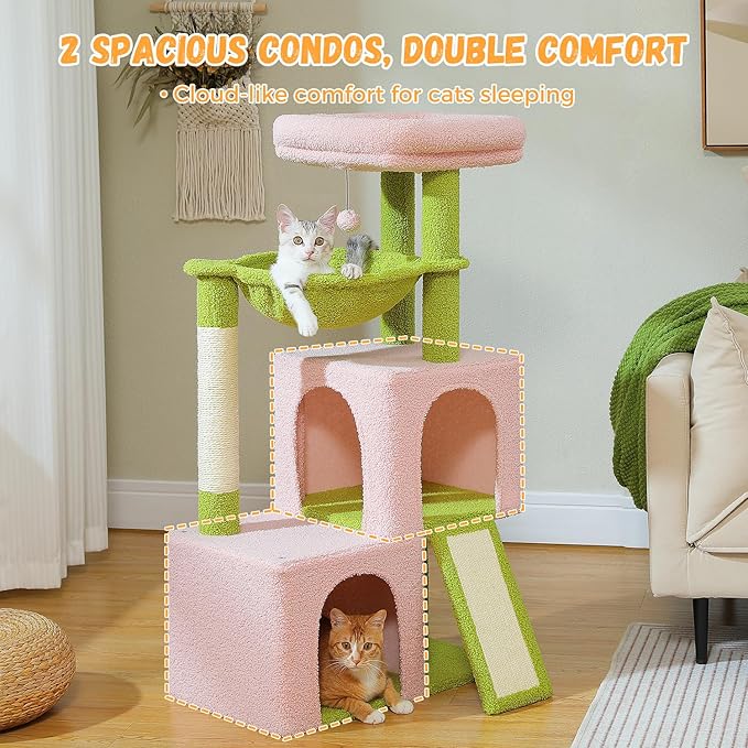 PAWZ Road Large Cat Tree, 41 Inches Multi-Level Cat Tower with 2 Spacious Condos for Large Indoor Cats, Pink Flower Cat House with Comfy Hammock, Padded Perch, Scratching Pad and Replaceable Balls-Mewly Pet
