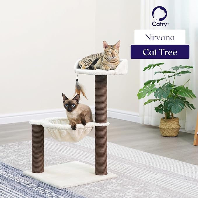 Catry Nirvana 3-Level Kitten Tree with Plush Perch, Soft Hammock, and Paper Rope Scratching Posts, Minimalist Cat Furniture for Climbing, Scratching & Resting, Ideal for Kittens & Small Cats, Beige-Mewly Pet