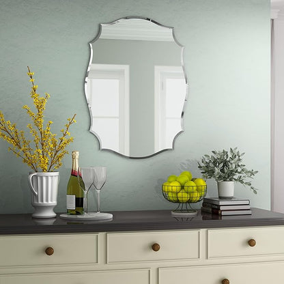 KOHROS Scalloped Bathroom Mirrors for Over Sink 18" x 24" Silver Frameless Beveled Edge Wall Mirror for Bathroom Vanity Entryway