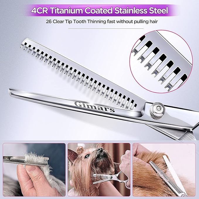 Gimars Professional 4CR Stainless Steel 6 in 1 Grooming Scissors for Dogs with Safety Round Tip, Heavy Duty Titanium Coated Pet Grooming Scissor for Dogs, Cats and Other Animals-Mewly Pet