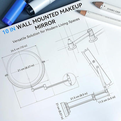 10'' 30X/1X Wall Mounted Lighted Makeup Mirror, 5000mAh Rechargeable Double-Sided Magnifying Mirror with Light, LED Vanity Mirror Touch Dimmable 3 Colors 360° Rotation Extended Foldable Arm, Chrome