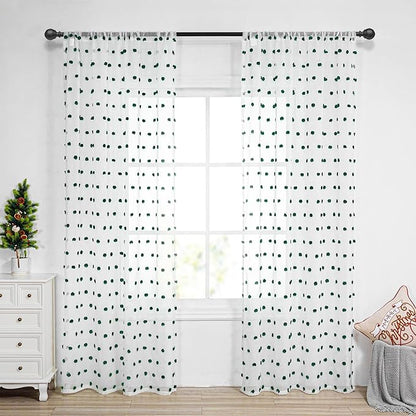 MYSKY HOME 84 Inch Long Christmas Curtains for Living Room Hunter Green Pom Pom Curtains for Bedroom White Sheer Nursery Curtains for Kids Room Rod Pocket Privacy Windows Drapes 52" x 84" 2 Panels