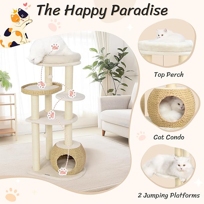 KAMABOKO Modern Cat Tree, 53" Cat Tower for Indoor Cats Natural Sisal Scratching Posts, Hand-Woven Condo & Top Perch, Cat Tree Tower for Kittens Climb Play & Rest-Mewly Pet