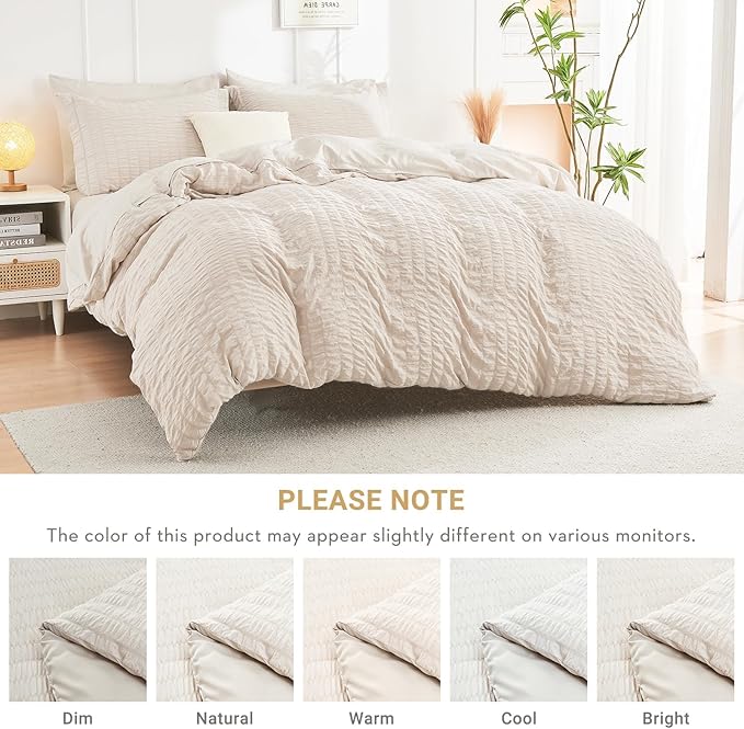HYMOKEGE Beige King Size Comforter Set Seersucker 7 Pieces, All Season Luxury Bed in a Bag for Bedroom, Bedding Set with Comforters, Sheets, Pillowcases & Shams