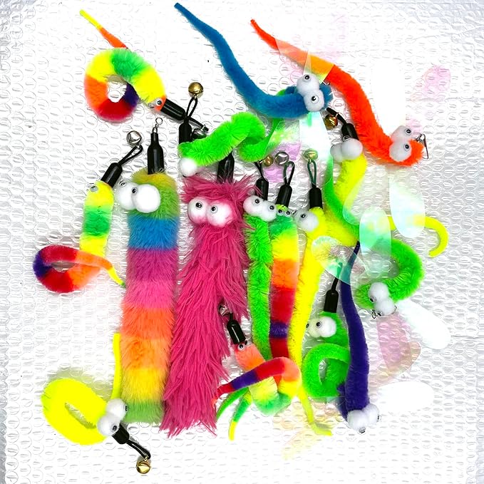 Cat Worm Teaser Toys Wand Attachments Fishing Pole Toy Refill - 16pcs Assorted Cat Worms-Mewly Pet