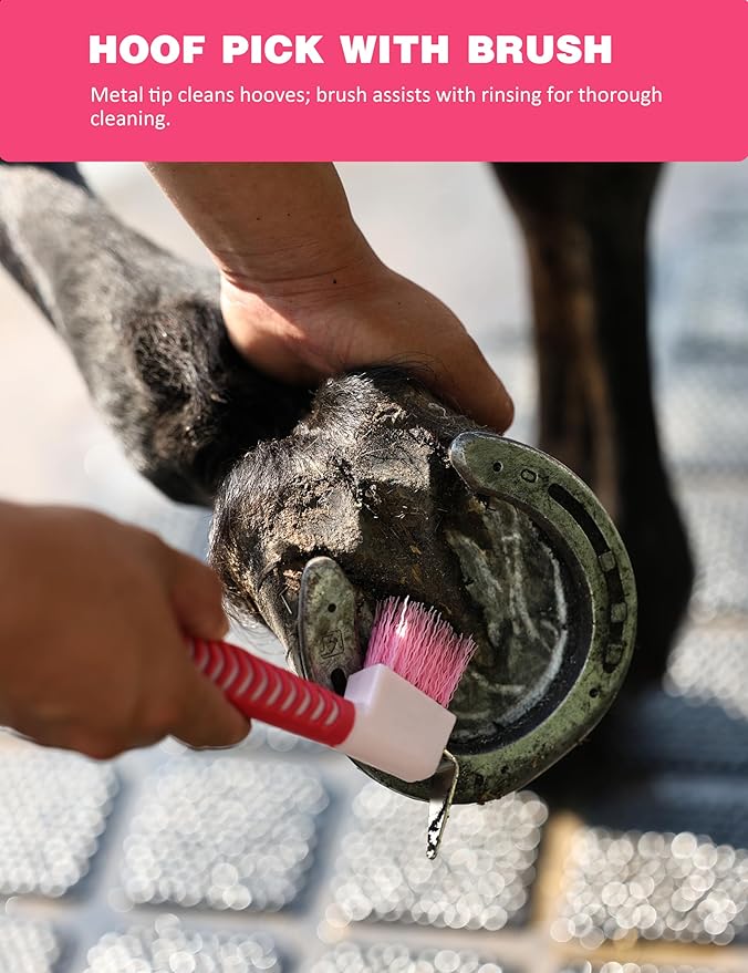9PCS Horse Grooming Kit Curry Comb Sweat Scraper Horse Bathing Supplies Grooming Tools with Storage Bag Pink Garnet-Mewly Pet