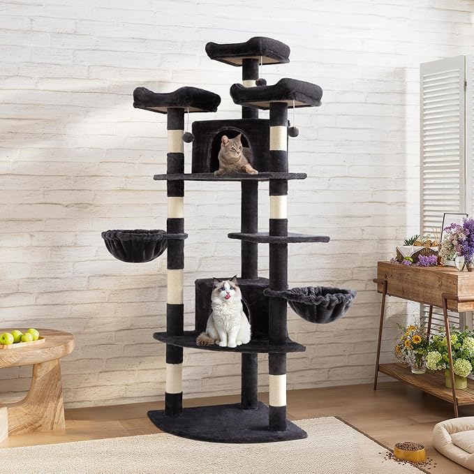 SHA CERLIN 73in Fan-Shaped Corner Cat Tower for Save Space/Multi-Level Tall Cat Tree for Indoor Kitties/Condo with Baskets/Cozy Perches/Sisal Scratching Posts/Pet Activity House/Dark Grey-Mewly Pet