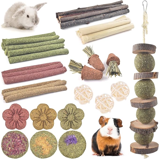 ERKOON Bunny Toys Boredom, 42 PCS Bunnies Timothy Hay Sticks Carrots Rose Grass Cake Dental Care, Molar, Chinchillas Toy Chew Toy, Guinea Pigs, Hamsters, Chinchilla, Rabbit Chew Toys for Teeth-Mewly Pet