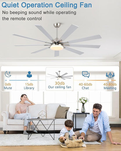 72 Inch Ceiling Fans with Lights,Large Modern Ceiling fan with Remote and 9 Wooden Blades,Dimmable,6 Speeds,Noiseless Reversible Indoor&Outdoor Fan for Bedroom,Patio,Living Room