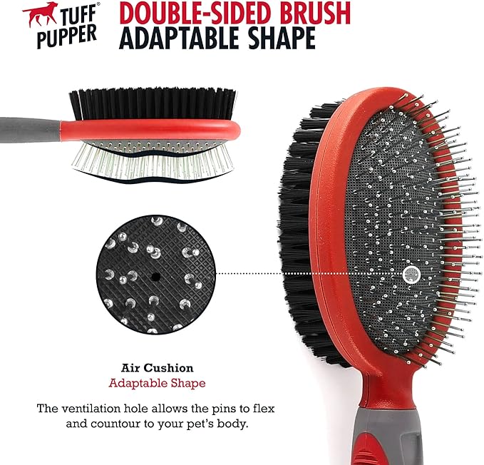 Tuff Pupper Double Sided Dog Brush, Detangling Tool for Dogs and Cats, Pin & Bristle Pet Brush, for and Hair Types, With Comfort-Grip Anti-Slip Handle, Brown, Black, White-Mewly Pet