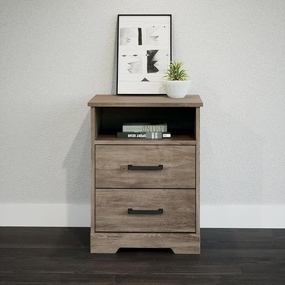 Prepac Rustic Ridge Farmhouse Nightstand Bedside Table, Brown Nightstand for Bedroom, End Table with 2 Drawers and Open Shelf 16.25"D x 18.75"W x 24.5"H