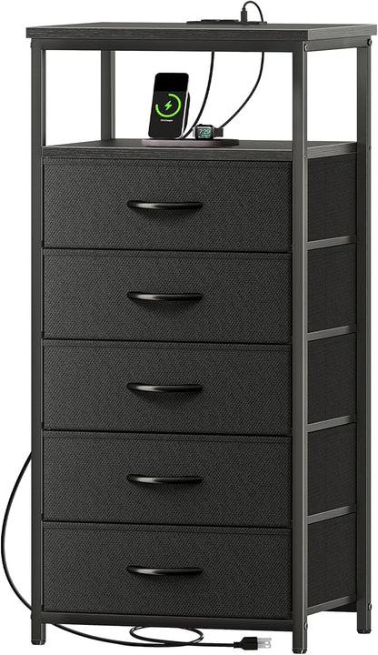 Huuger 5 Drawers Dresser with Charging Station, Dresser for Bedroom, Tall Night Stand, Chest of Drawers with Open Shelf, Bedside Table Nightstand, Fabric Storage Drawers, for Entryway, Black