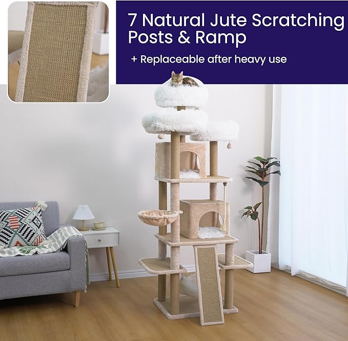 Catry 74.5" High 7-Level Extra Large Cat Tree with 2 Condos,2 Hammock,3 Washable Top Beds, Scratching Ramp Pad, Replaceable Scratching Posts, for Multi-Cat Homes (Light Brown &White)-Mewly Pet