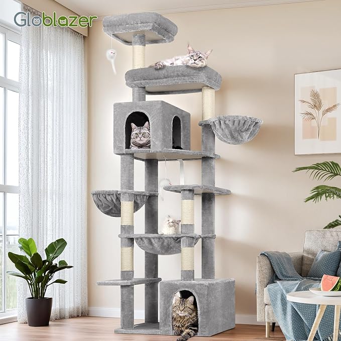 Globlazer Tall Cat Tower, 76 inch Multiple Level Cat Climbers for Indoor Cats, XL Cat Tree with 5 Scratching Posts, 2 Cat Condos, Hammock, 2 Hanging Baskets, F76B, Light Grey-Mewly Pet