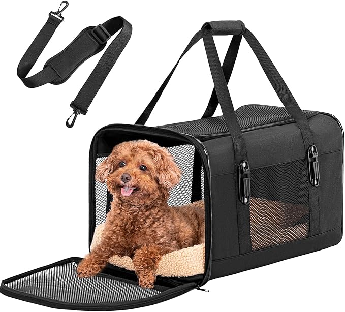 Petsfit 19x12x12 Pet Carrier for Large Cats (up to 20 lbs), Soft-Sided Small Dog Travel Carrier, Upgraded with Patented Buckle and Soft Padding, Ideal for Car Road Trips,Black-Mewly Pet