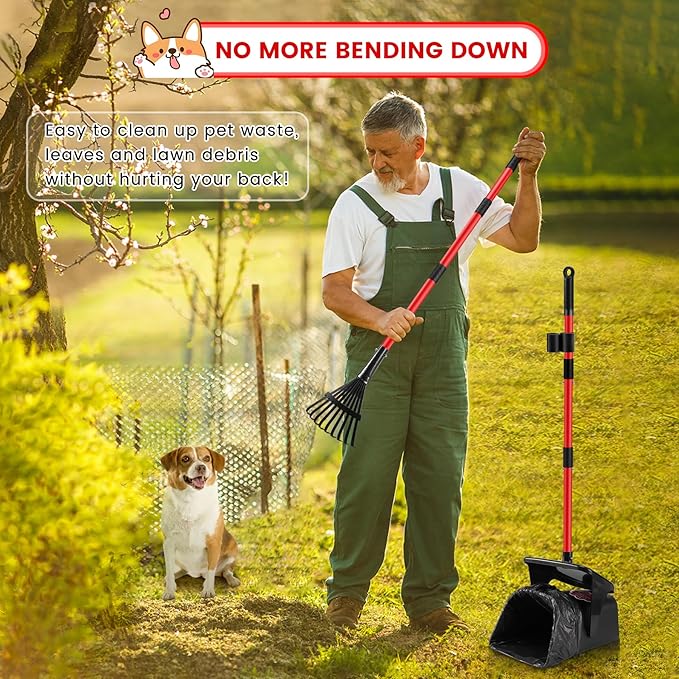 Pooper Scooper Swivel Bin and Rake with 60 Waste Bags, Heavy Duty Dog Poop Scooper for Large Medium Small Dogs, Long Stainless Steel Handle Use on Yard, Grass, Dirt or Gravel-Mewly Pet