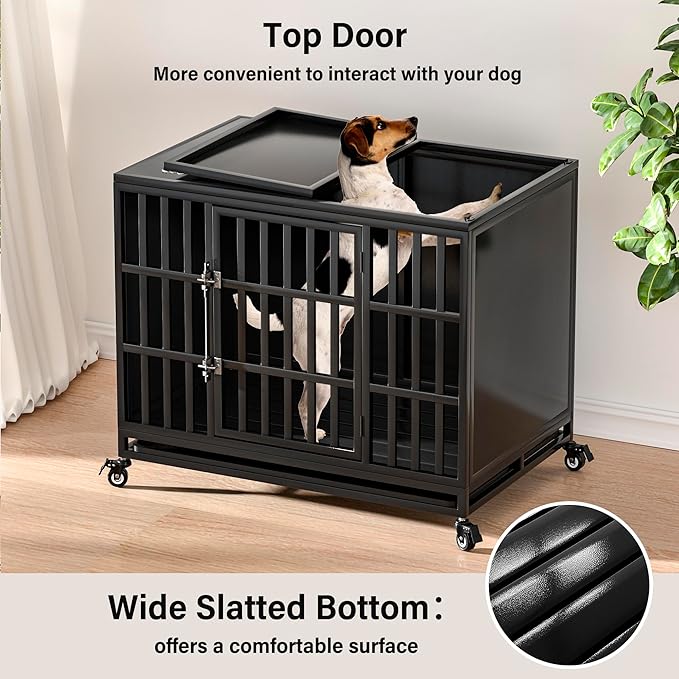38 inch Heavy Duty Dog Crate with Self-Locking Latch, Indestructible Steel Large Kennel with Enclosed Design, Chew-Proof and Escape-Proof Pet Cage for High Anxiety Dogs-Mewly Pet