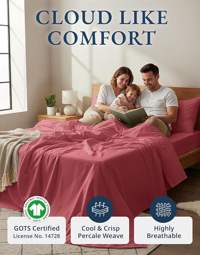 LANE LINEN 100% Organic Cotton Bedsheets King Size Bed, Soft & Comfy Luxury Hotel Style Percale Cooling Sheets King Size, Oeko Tex Certified Sustainably Produced Cotton Sheets- Mineral Red