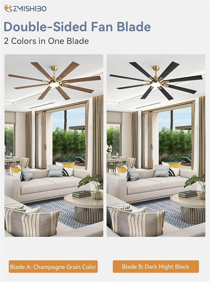 ZMISHIBO 72 inch Black and Gold Ceiling Fans with Lights and Remote, Indoor/Outdoor Ceiling Fan for Patio Living Room, 6 Speed Reversible Quiet DC Motor, 3 CCT, Dual Finish Blades