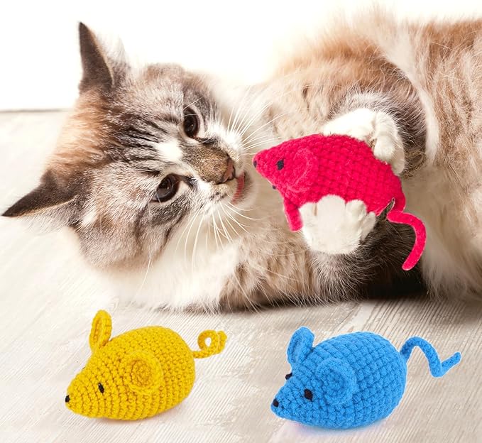 Retro Shaw Catnip Toys Crochet Mouse, 6 Pcs Yarn Cat Nip Mice Safe Teeth Cleaning Chew Toy for Indoor Kittens Kitty, Interactive Catnip Cat Kicker Toys-Mewly Pet