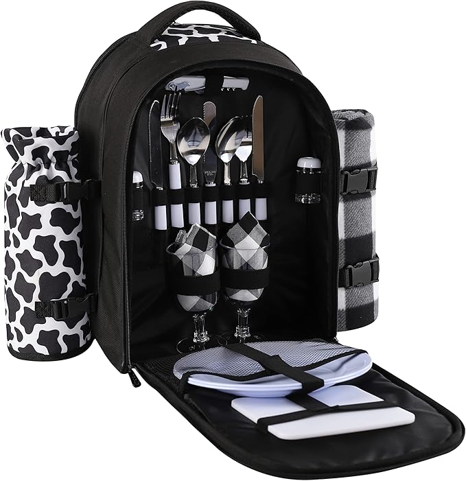 apollo walker Picnic Backpack Bag for 2 Person with Cooler Compartment, Detachable Bottle/Wine Holder, Fleece Blanket, Plates and Cutlery Set (2 Person, Black)-Mewly Pet