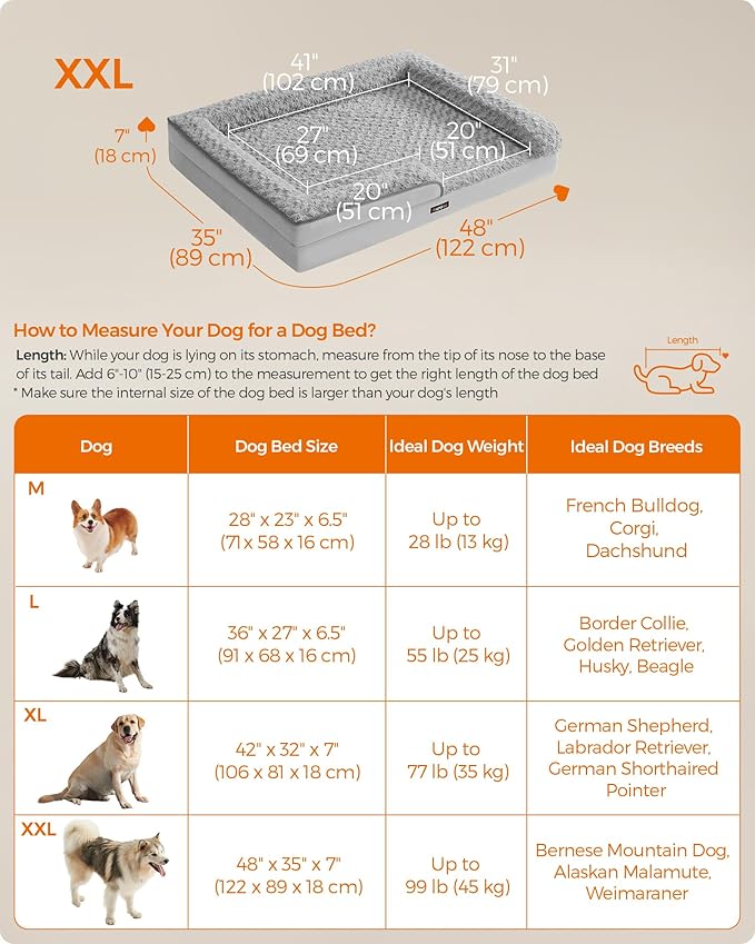 Feandrea Orthopaedic Dog Bed for Large Dogs, Waterproof Dog Sofa Bed with Removable Washable Cover, 48 x 35 x 7 Inches, Dove Gray UPGW254G01-Mewly Pet