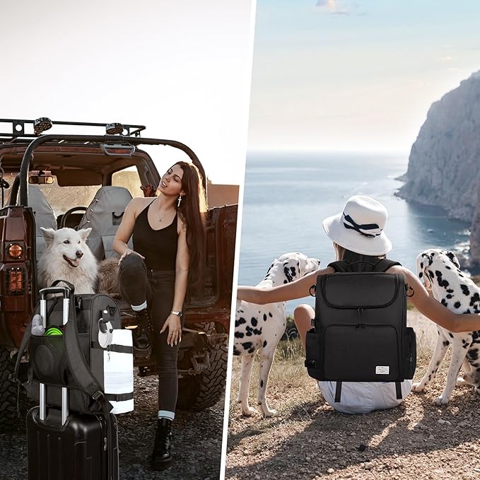 Modoker Dog Travel Bag Backpack, Airline Approved Pet Accessories Organizer for Dog and Cat with Shoulder Strap, 2 Dog Food Storage Containers, 2 Collapsible Dog Bowls,1 Pet Mat, Black-Mewly Pet