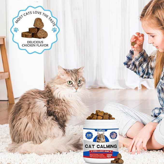 Calming Chews for Cats, Cat Calming Treats - Cat Anxiety Relief, Helps Reduce Stress & Promotes Relaxation for Travel, Boarding, Vet Visits, Separation Anxiety - Chicken (230 Soft Chews)-Mewly Pet