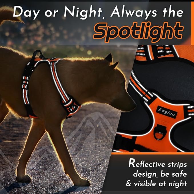 Eagloo Dog Harness for Large Dogs, No Pull Service Vest with Reflective Strips and Control Handle, Adjustable and Comfortable for Walking, No Choke Pet Harness with 2 Metal Rings, Orange, XL-Mewly Pet