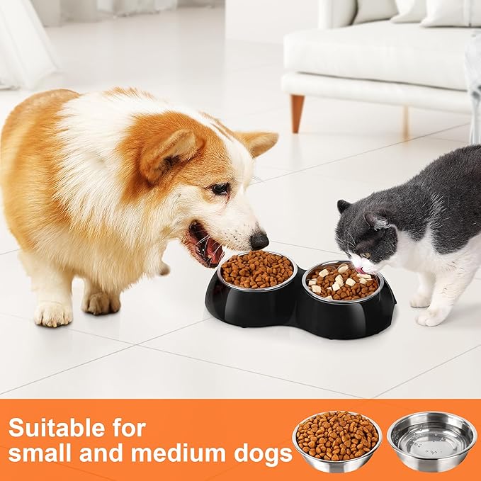 Stainless Steel Dog Bowls Set – Dual Non-Slip Pet Dishes with 2 Small (1 Cup*2) Bowls & Durable Resin Stand – Food & Water Feeder for Puppies, Cats, and Medium Dogs – Black-Mewly Pet