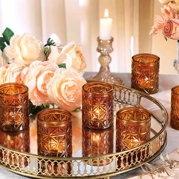 12 Pack Vintage Amber Votive Candle Holders, Glass Candle Holders for Wedding Table Centerpiece, Small Tealight Candle Holder for Home Decor, Tea Lights Candle Holder for Party, Boho Fall Decor