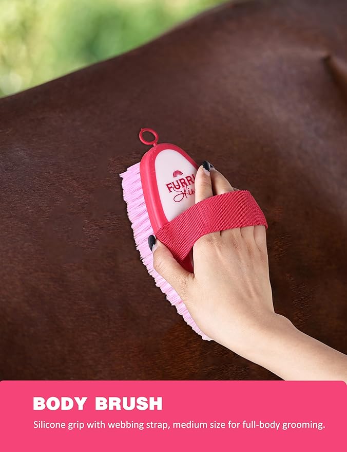 9PCS Horse Grooming Kit Curry Comb Sweat Scraper Horse Bathing Supplies Grooming Tools with Storage Bag Pink Garnet-Mewly Pet
