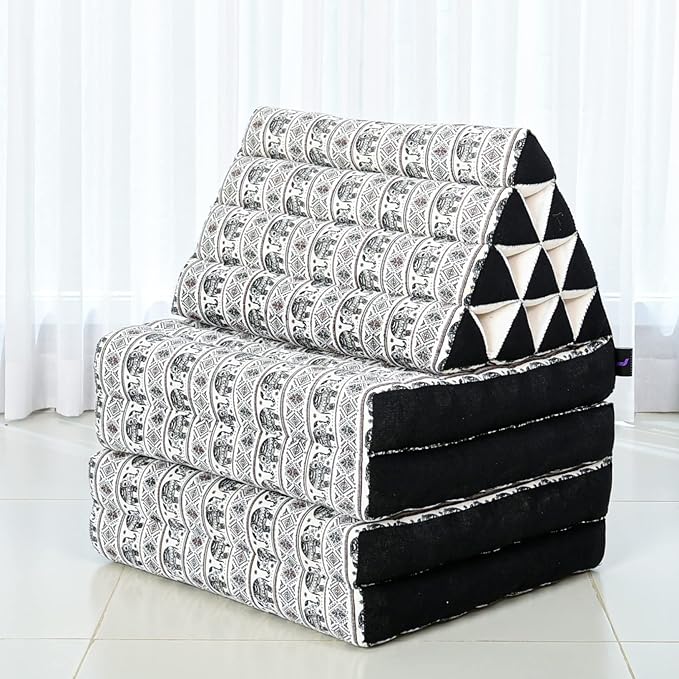Leewadee Comfortable Japanese Floor Mattress - Thai Floor Bed with Triangle Cushion - Futon Mattress - XL Extra Long Thai Massage Mat, 89 x 20 inches, Black White, Kapok Filling