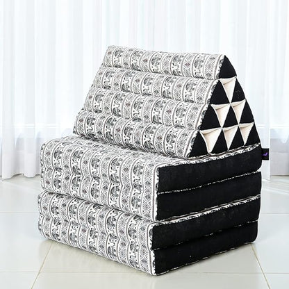 Leewadee Comfortable Japanese Floor Mattress - Thai Floor Bed with Triangle Cushion - Futon Mattress - XL Extra Long Thai Massage Mat, 89 x 20 inches, Black White, Kapok Filling